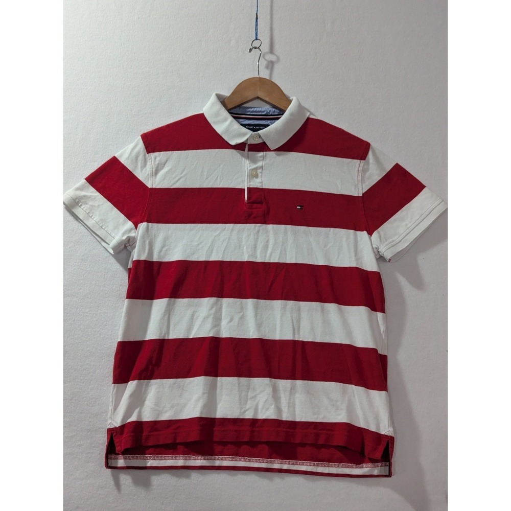 Tommy Hilfiger Polo Shirt‎ Large Red White Stripe Short Sleeve